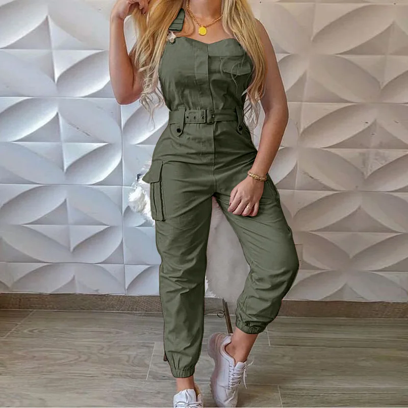 Strap Sleeveless Jumpsuit Women Loose Dungarees Long Rompers Summer Solid Pockets Cargo Pants Female Casual Work Out Playsuits