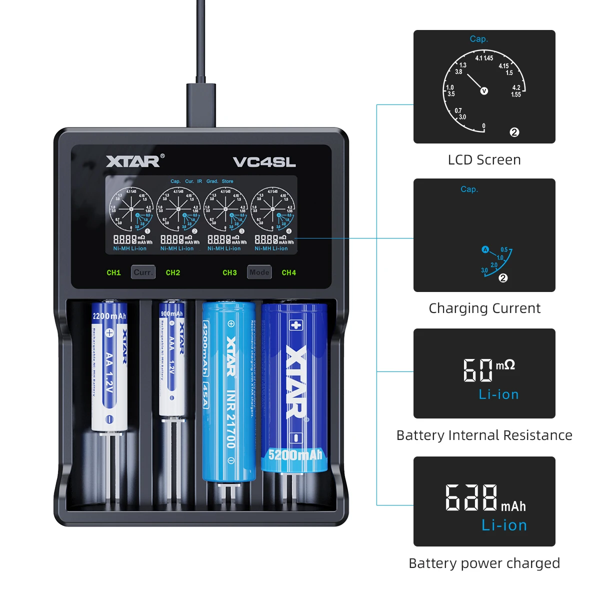 XTAR VC4SL 18650 Battery Charger USB C QC3.0 Fast Charge 1.2V Ni-MH AAA AA Batteries Rechargeable Li ion 21700 Battery Charger