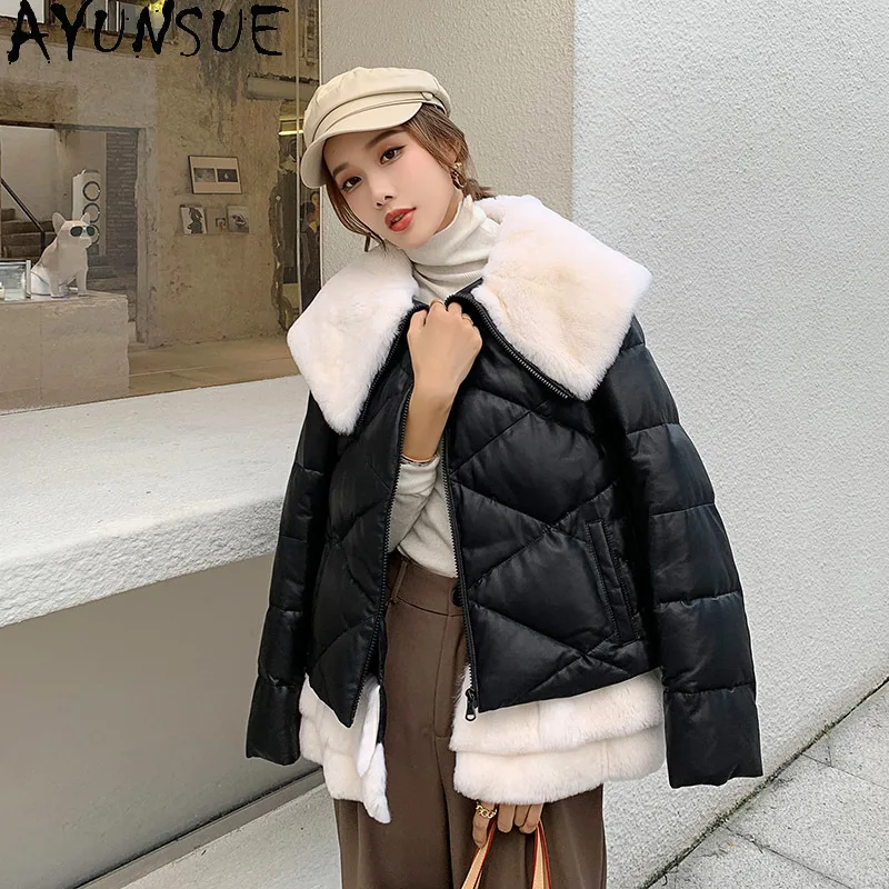 

AYUNSUE 100% Genuine Leather Jacket Women Short Sheepskin Coat Female Warm Down Jackets Rex Rabbit Fur Collar 2020 Femme Veste