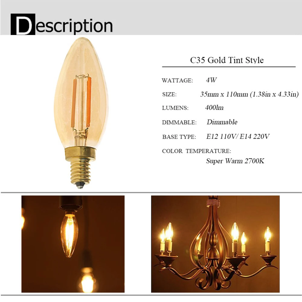 Retro Vintage Edison Glühbirnen E14 Filament LED-Lampe E27 Dimmbare LED-Birne G125 G40 G80 A19 ST64 C35T Kronleuchter Dekorative Beleuchtung – Detail 1