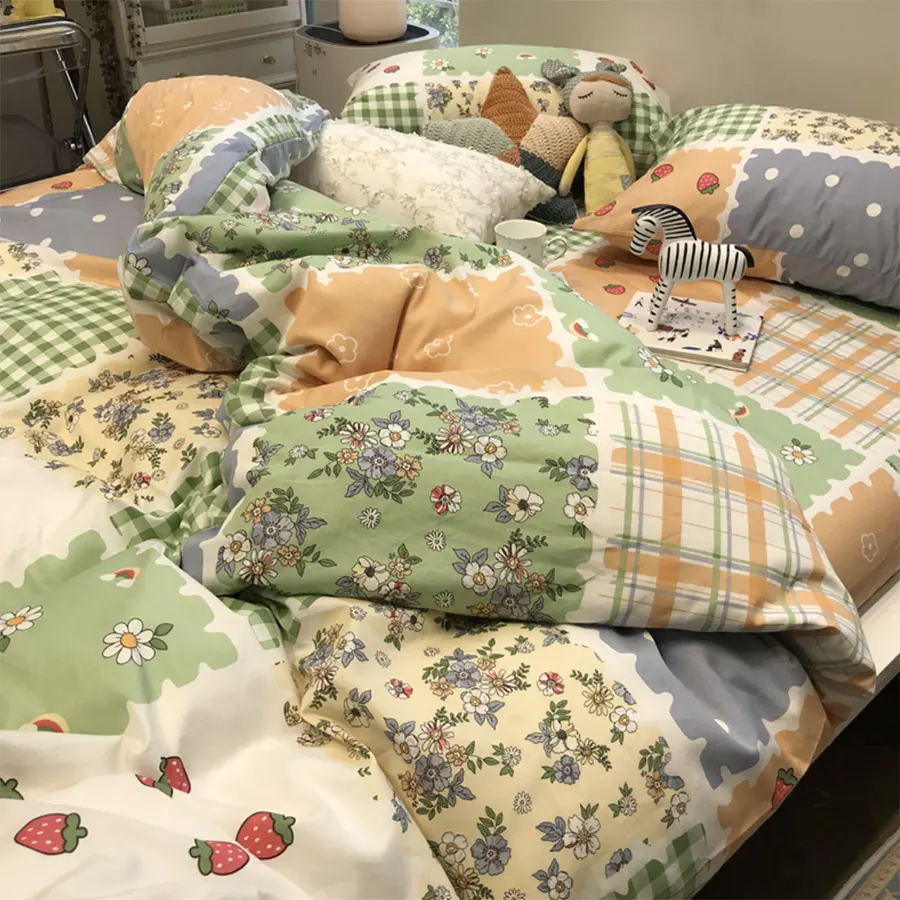 

Vintage flower strawberry plaid bedding set,single double cotton twin full queen home textile bed sheet pillow case duvet cover