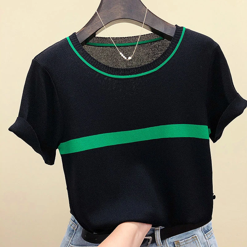 LJSXLS New Knitted T Shirt Women Summer O-Neck Short Sleeve T-shirt Female Striped Casual Tops Tee Shirt Casual Women's Clothing