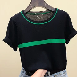 LJSXLS-Camiseta feminina de malha com gola em o curto, tops listrados femininos, camiseta casual, roupas femininas, verão, novo