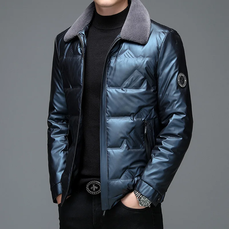 Top Grade Solid Color Men's Business Casual 90% White Duck Down Jackets Outwear Lightweight Warm Fur Collar Puffer Coat Clothing