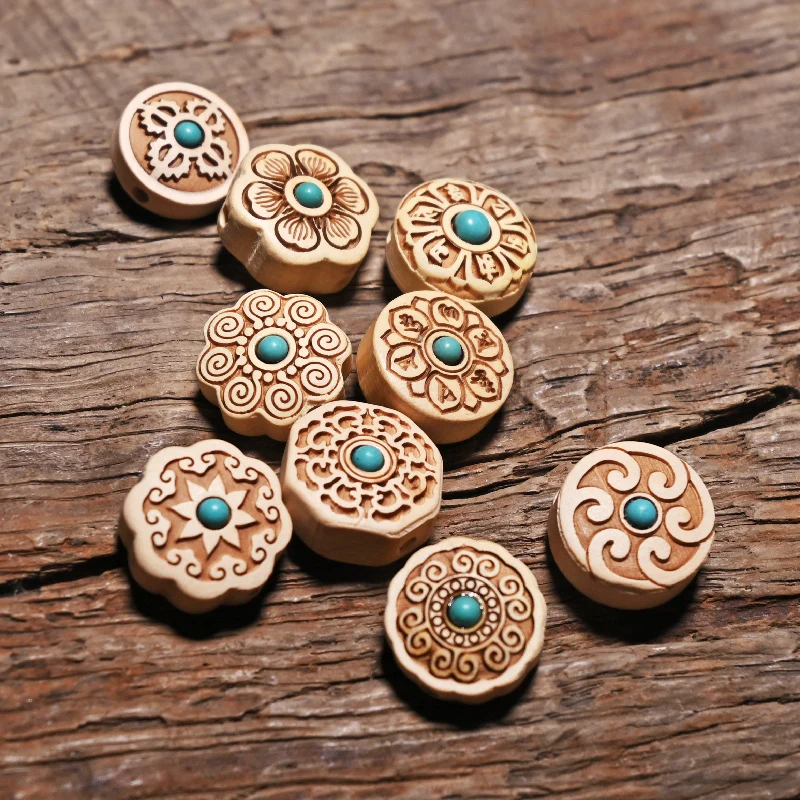 MZ-D Nepal Inlaid Imitation Turquoise Natural Boxwood Beads Tibetan Antique For Jewelry Making DIY Beads Bracelet Yoga Necklace