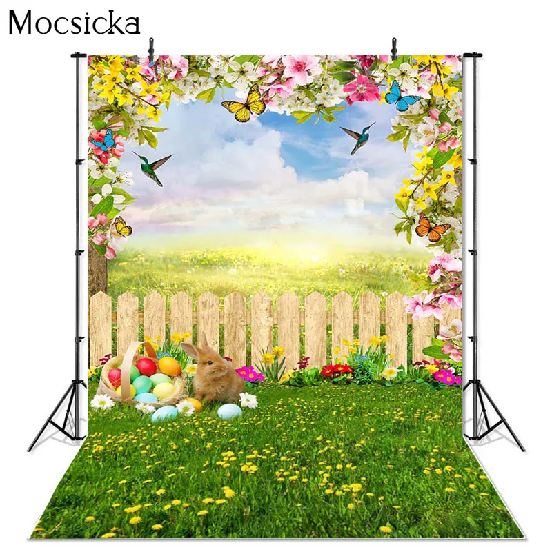 Mocsicka Frühling Ostern Fotografie Hintergrund Zaun Hase Ei Dekoration Studio Requisiten Kind Porträt Foto Hintergrund Banner