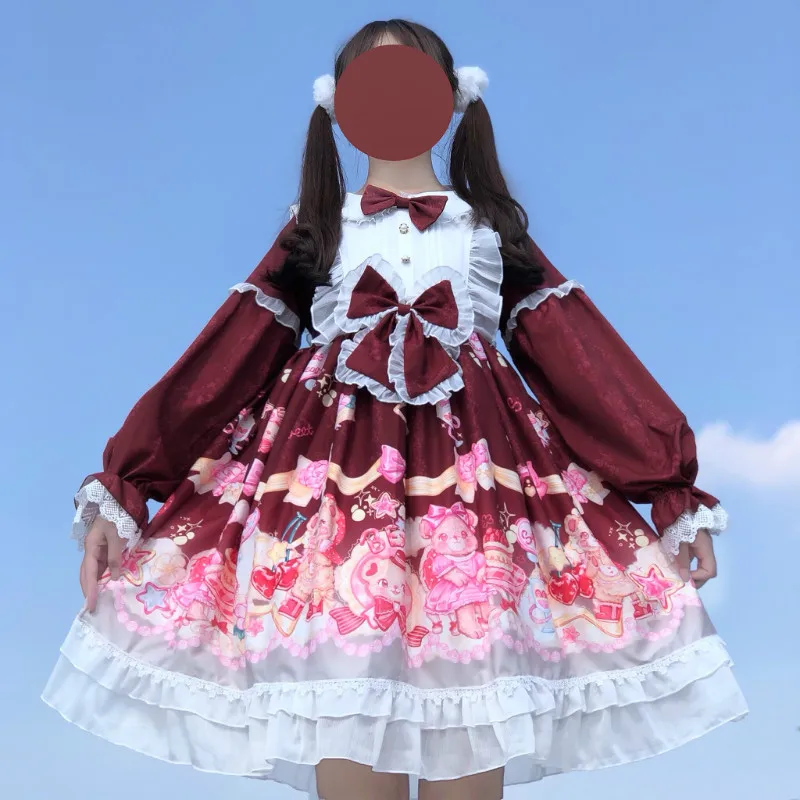 Kawaiiสตรอเบอร์รี่คริสต์มาสชุดผู้หญิงแขนยาวน่ารักหมีLolita Gothic Cosplay Dressesสีชมพูสีแดง