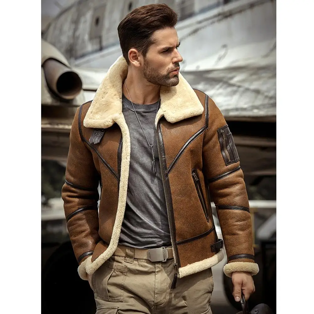 Denny&Dora Men's Shearling Jacket B3 Flight Aviator Bomber Sheepskin Fur Leather Winter Coat