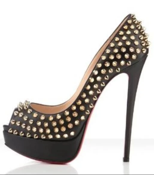 Gold 14cm Super high Heels Platform Pumps Female Rivets Studs Nude Black Red Patent Leather Peep-Toe Women Wedding Sandals Shoes
