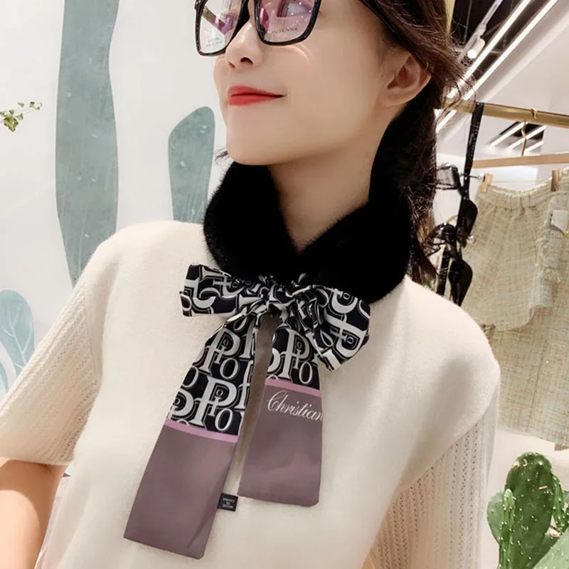 2022 New Long Skinny Silk Letter Leopard Printed Hair Head Scarf with Winter Warm Faux Fur Neck Collar Scarves for Women Foulard