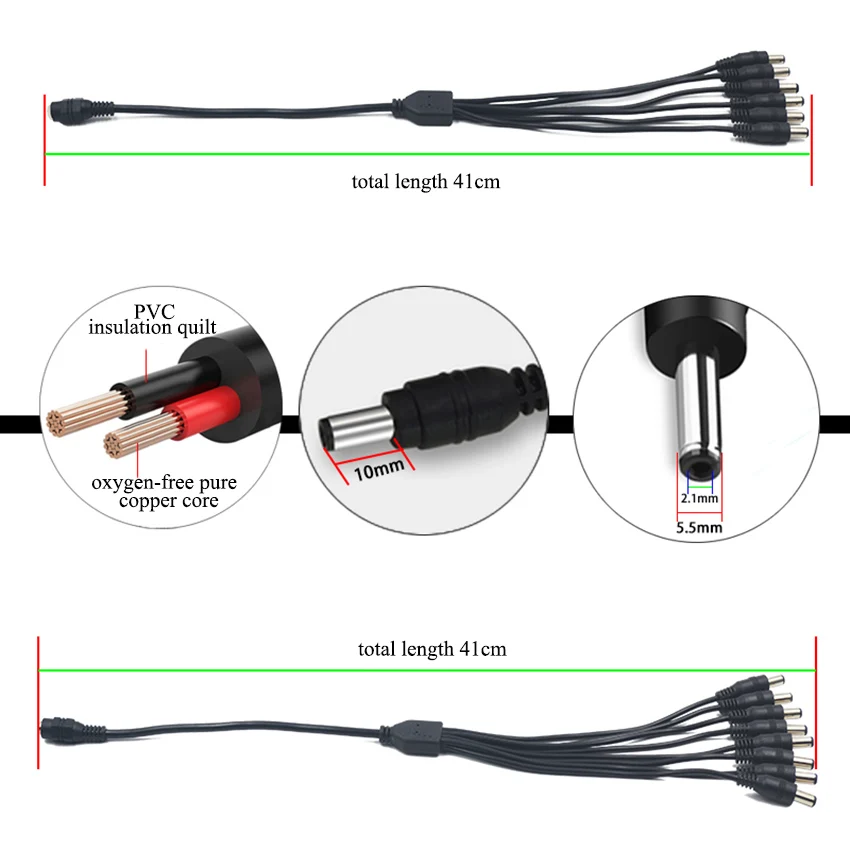 41cm 1 hembra a 2/3/4/5/6/8 macho DC Cable de extensión de alimentación 5,5*2,1mm conector cables de extensión Cable divisor de cámara de seguridad