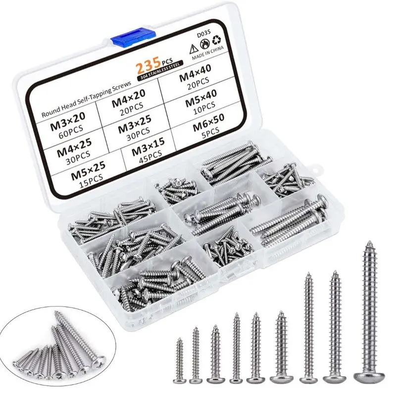 235Pcs/set 304 Stainless Steel Screw Set M3 M4 M5 M6 Round Pan Head Self-tapping Screw Philips Screws Assortment Kit Wood Screws