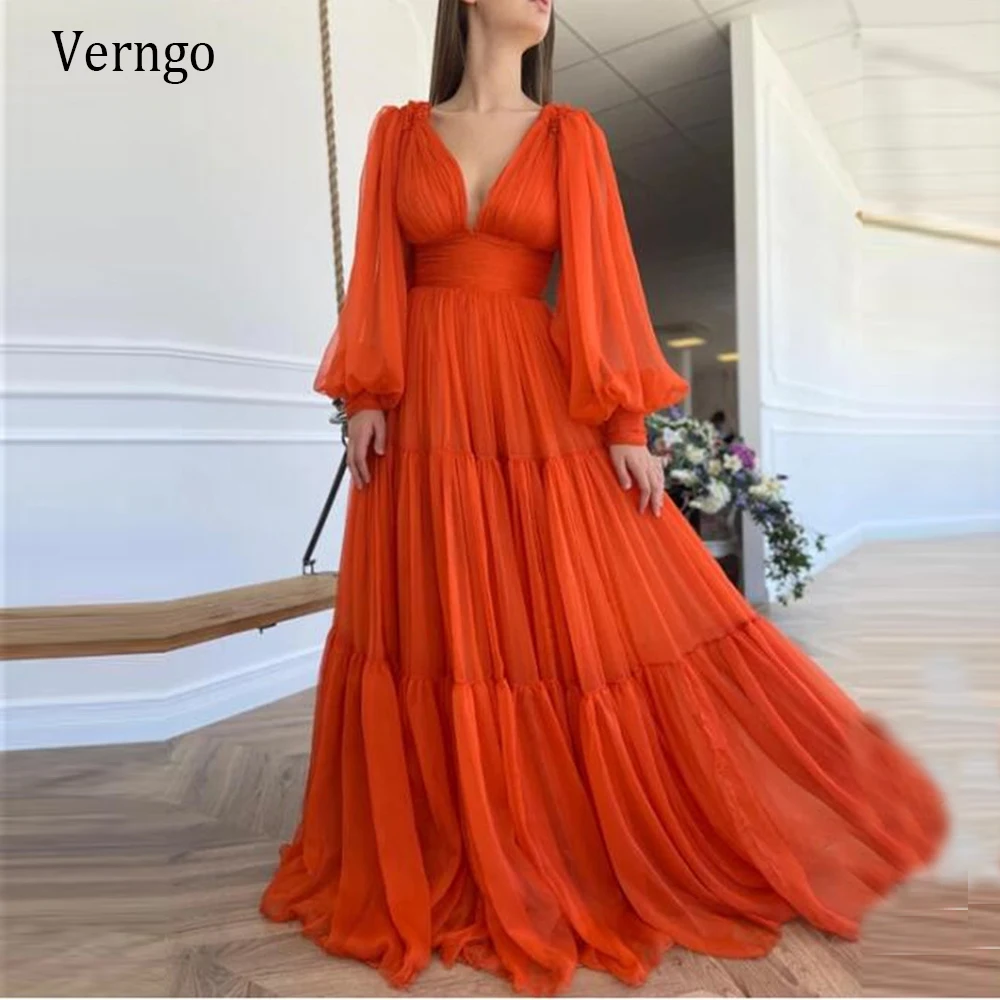 Verngo 2021 Neue Vivid Orange Chiffon-EINE Linie Abendkleider Mit Tiefe Spaltung Puff Ärmeln Prom Kleider Für Besondere Anlässe Kleid