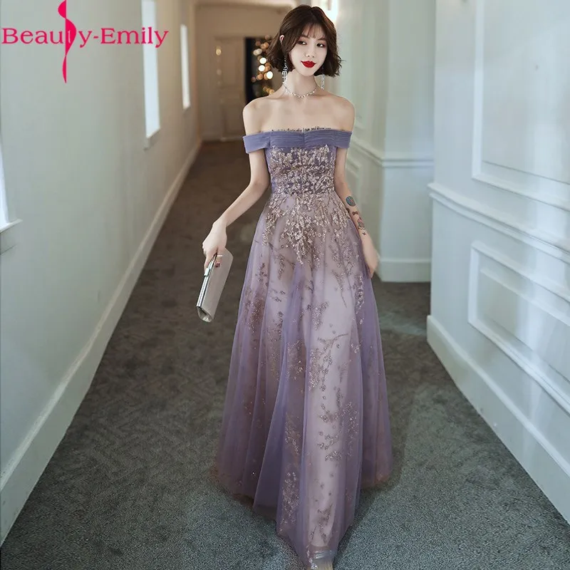 

Sexy Boat Neck Women Purple Golden Appliques Evening Dress Long 2020 Charming Off the Shoulder Lace Up Back Formal Party Dress