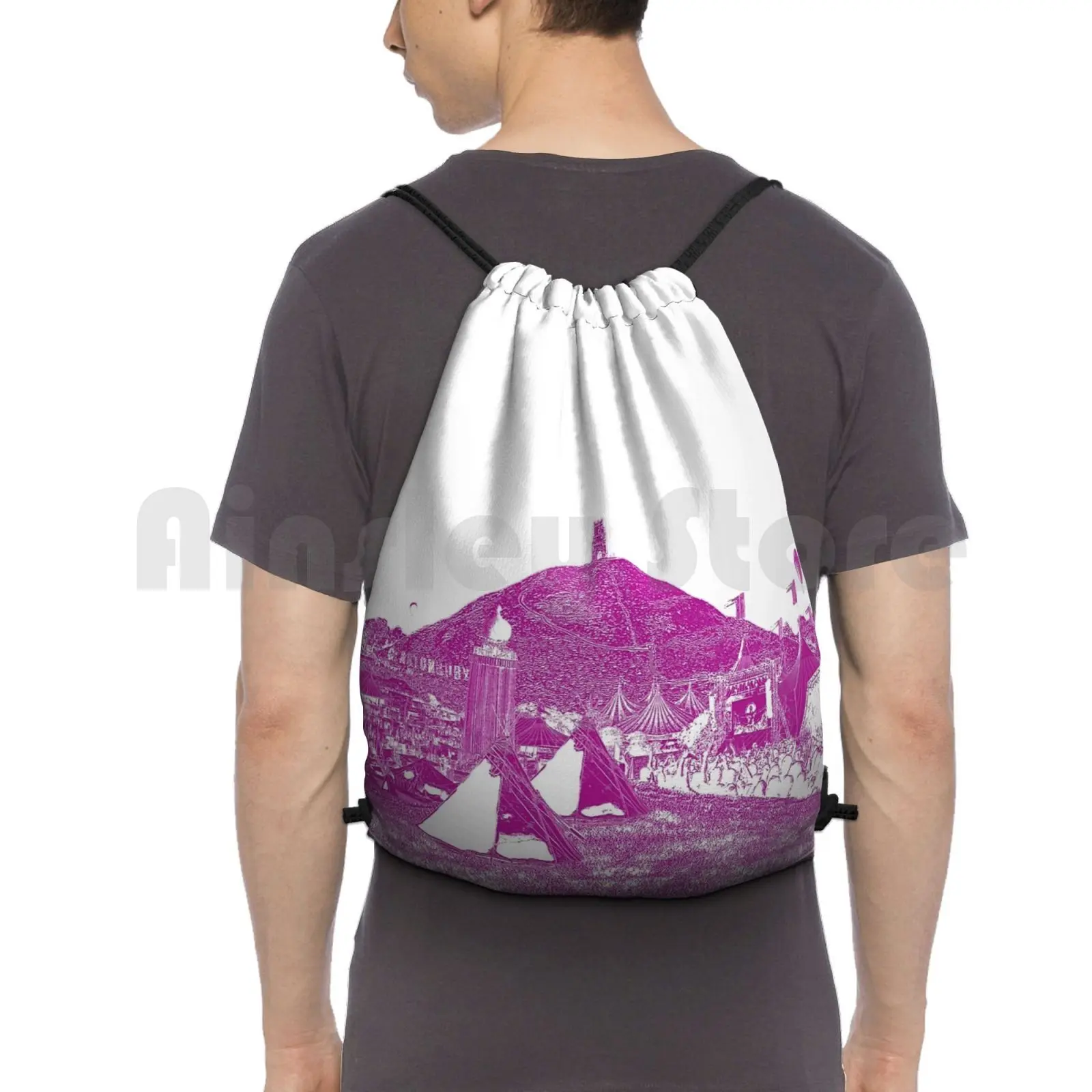 Glastonbury Festival 2020-Pink Print-Glasto 50-50th Anniversary Design Backpack Drawstring Bags Gym Bag Waterproof