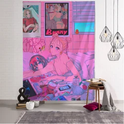 Kawaii Anime Girl Tapestry Wall Hanging Pink Cute Boho Style Psychedelic Hippie Background Home Decor
