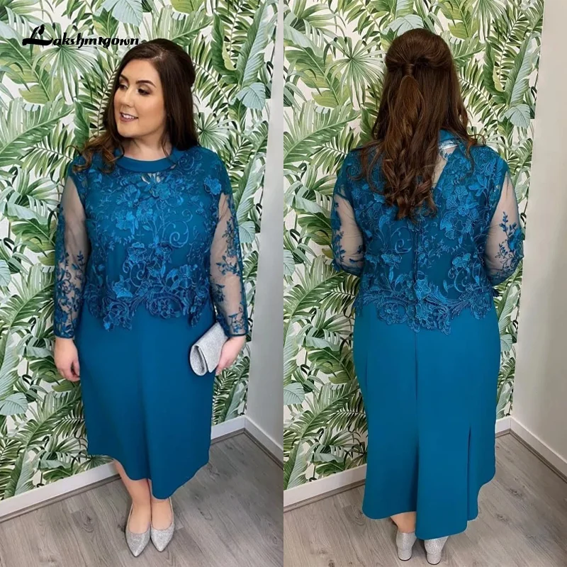 

Plus Size Blue Mother Of The Bride Dresses Lace Appliques Long Groom Mother Dresses For Weddings Chiffon A-line Long Sleeves