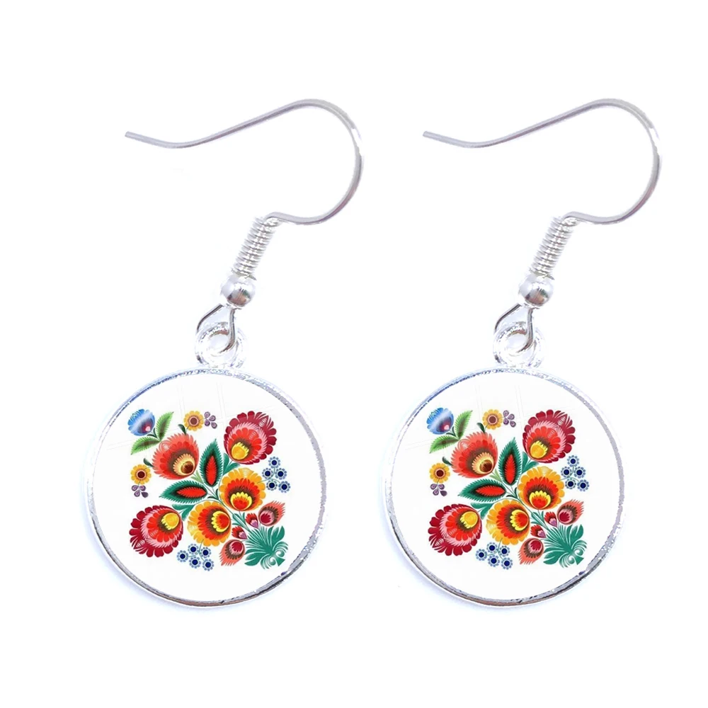 Ethnic Polish Folk Art Pattern Drop Earrings Bohemia Fashion Flower Print Round Jewelry For Women Girls Gift