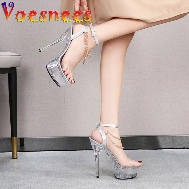 Voesnees Transparent Women Stiletto Shoes 2021 Sexy Chain Design Crystal Heel Ladies Shoes Hyaline Platform Hentian High Sandals