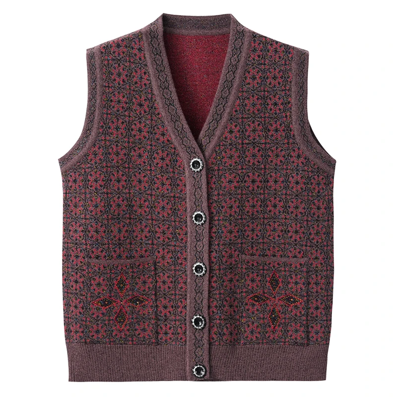 Middle-aged and Elderly Women\'s Sweater Vest Waistcoat Spring Autumn Sleeveless Coat Cardigan Knit Short Sweater Vest 4XL K1103