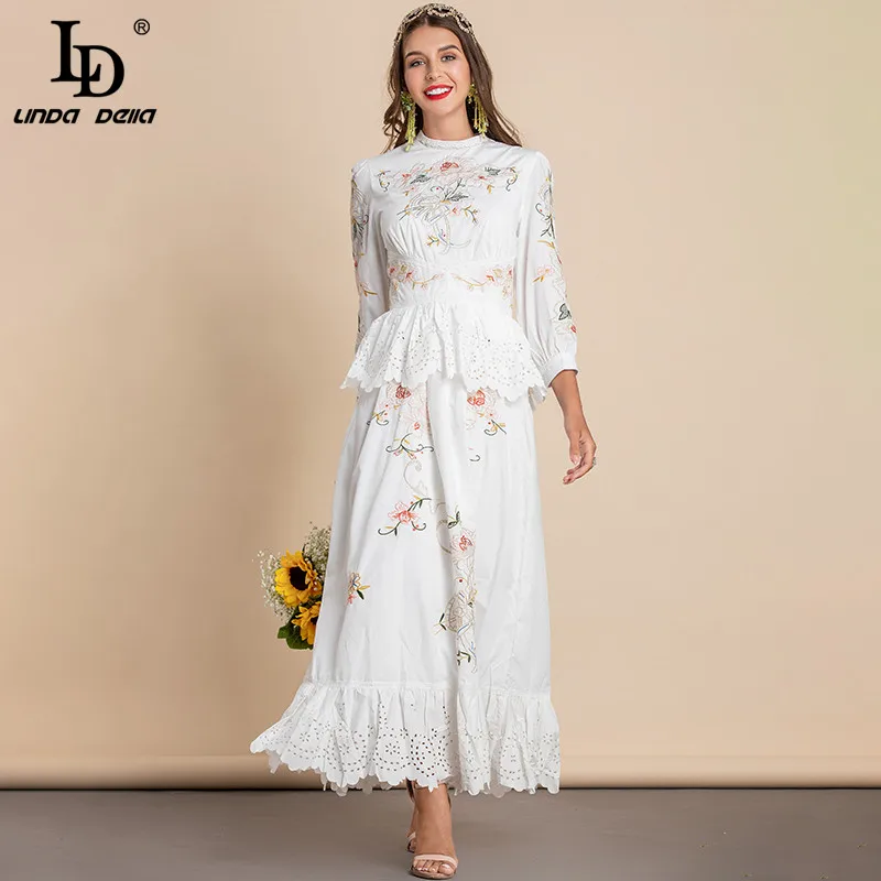 

LD LINDA DELLA 2022 Fashion Designer Autumn Elegant White Dress Women Lantern Sleeve Gorgeous Flower Embroidery Long Party Dress