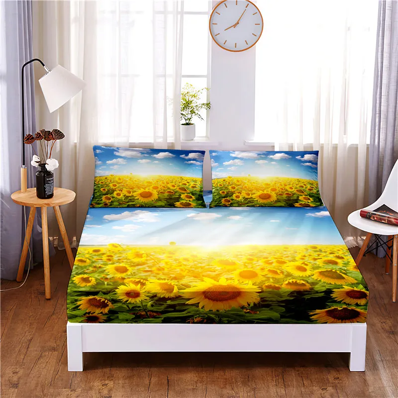 

Sunflower Digital Printed 3pc Polyester Fitted Sheet Mattress Cover Four Corners with Elastic Band Bed Sheet Pillowcases