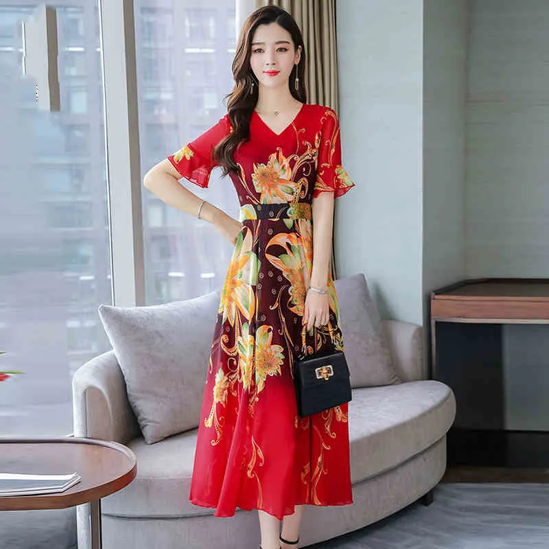 Summer Chiffon Dresses Women 2020 New Bohemia Beach Dress Fashion Ruffle Sleeve Printed Mid-long Dress Sundress Female Vestidos