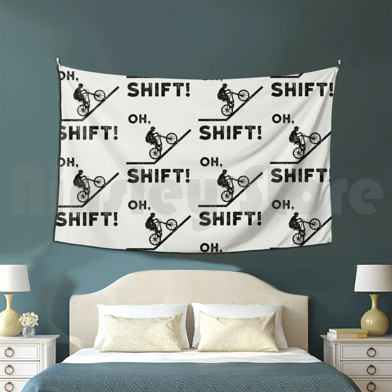 

Oh Shift! Funny Mountain Biking Design Tapestry Living Room Bedroom Mountain Bike Trail Running Bike Biking Rider