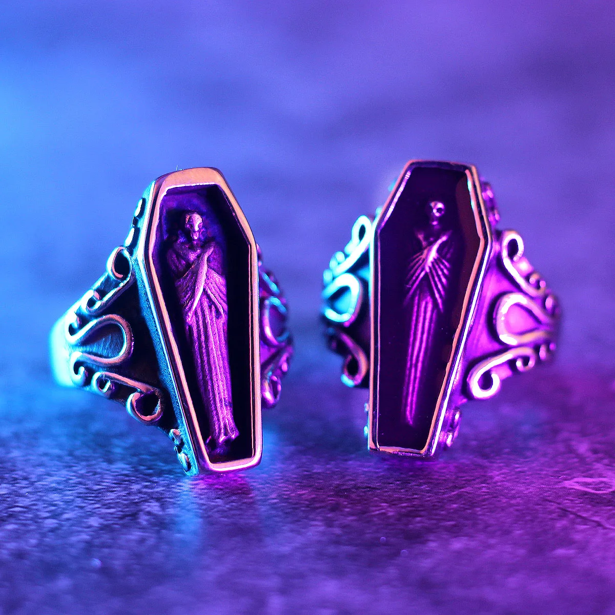 Vampire Coffin Ghost Stainless Steel Mens Rings Gothic Punk Unique Cool for Male Boyfriend Jewelry Creativity Gift Wholesale