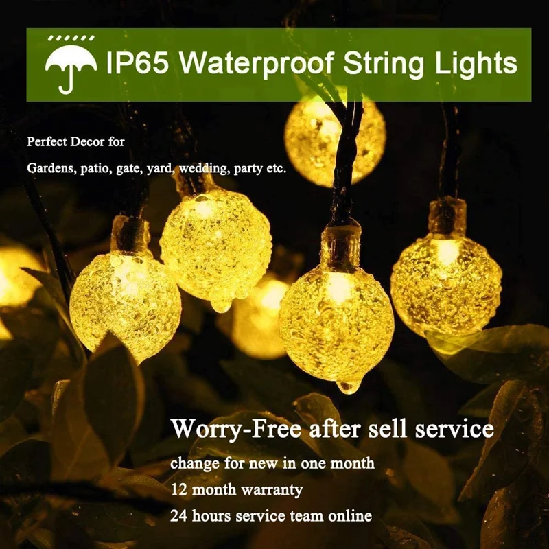 Solar String Lights Outdoor 60 Led Crystal Globe Lights with 8 Modes Waterproof Solar Powered Patio Light for Garden Party Decor