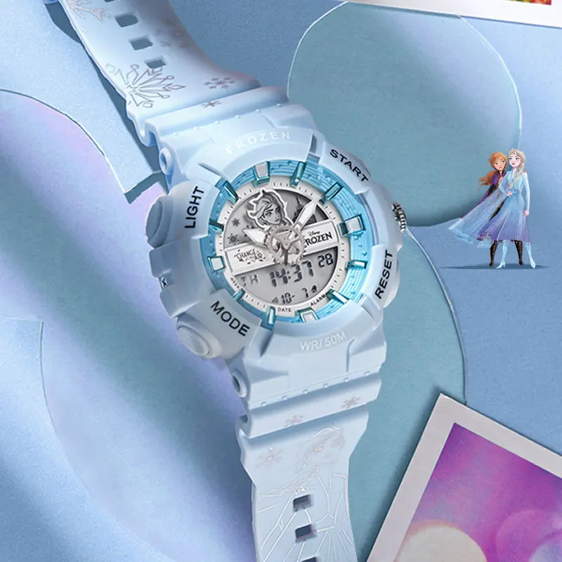 Disney Frozen Elsa Woman Sport Dual Display Wristwatch Multi Function Stop Watch Waterproof Youth Lady Student Girl Led Luminous