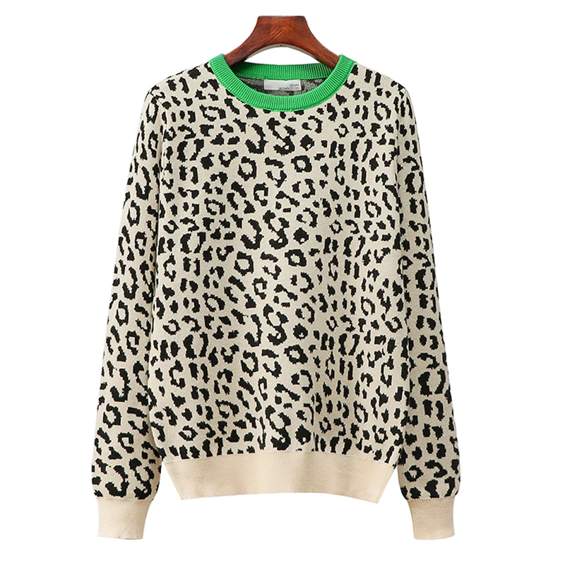 HLBCBG-Pullover lavorato a maglia leopardato spesso da donna, manica lunga, colore a contrasto, maglioni girocollo, caldo, autunno, inverno