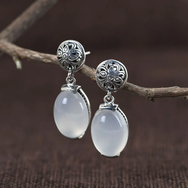 

FNJ Flower Earrings 925 Silver 100% Pure Original S925 Silver Sterling Drop Earring for Women Jewelry White Chalcedony