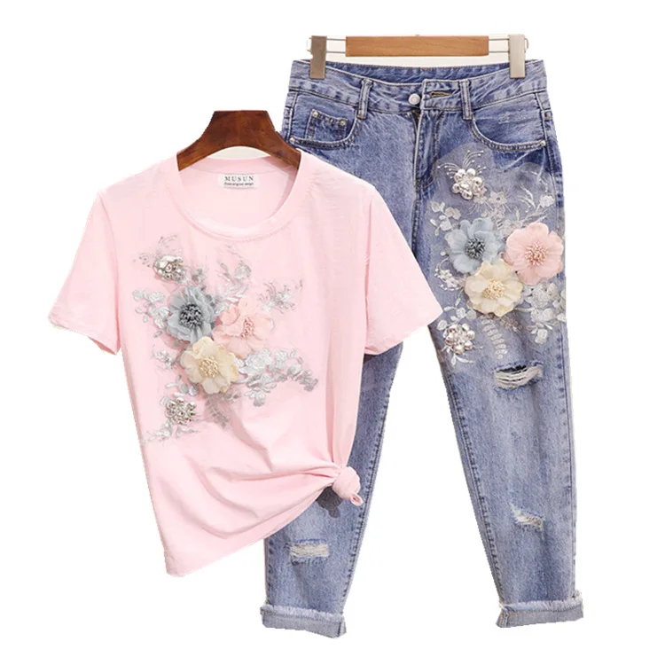 Summer Fashion Women T Shirt Jeans European Style Denim Suit Embroidery 3D Flower Female Trousers Vintage Beading Sets S-XXL