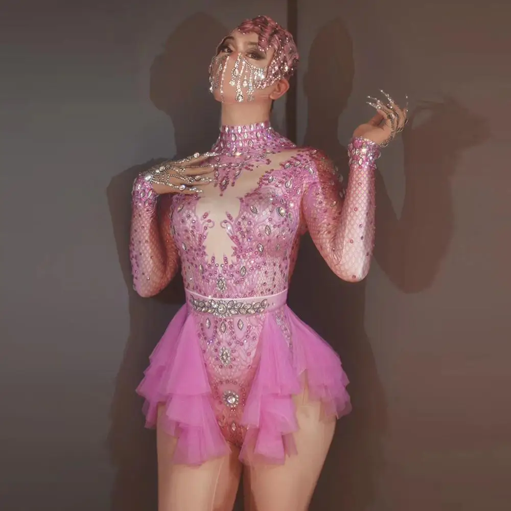 

Pink Rhinestone Long Sleeves Bodysuit for Women Birthday Celebrate Prom Outfit Woman Dancer Singer Party Show Outfit