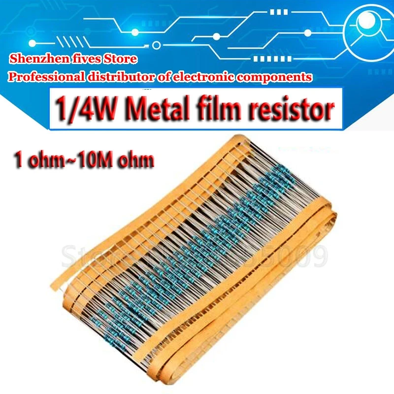 100pcs 1/4W 0R-22M 1% Metal Film Resistor 0.25W 0 2.2 10 100 120 150 220 270 330 470 1K 2.2K 4.7K 10K 100K 470K 1M 10M 20M ohms