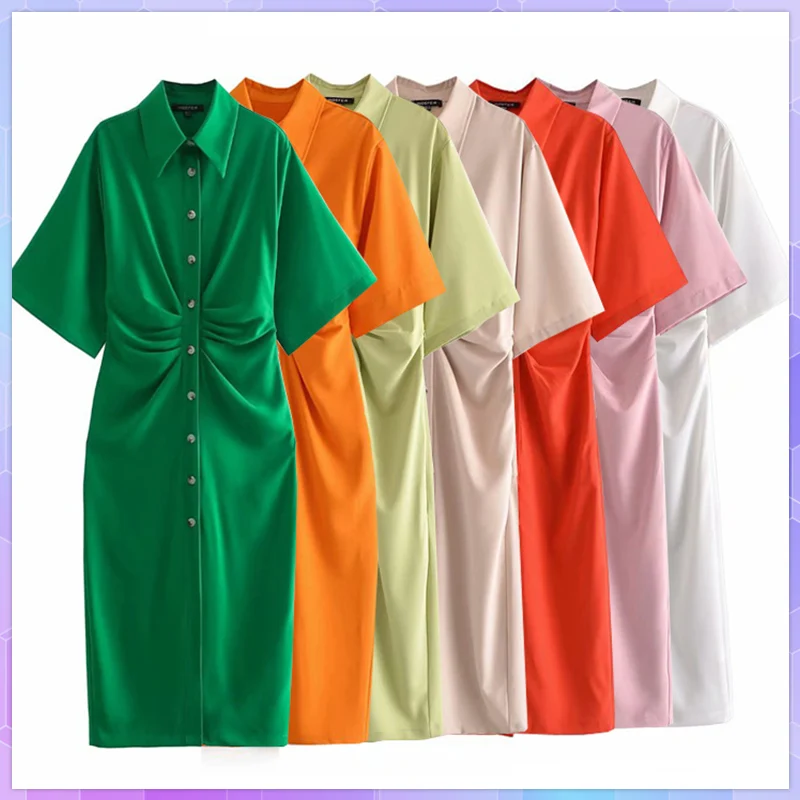 Elegant Women's Dress Chic Fashion Button-Up Draped Midi Shirt Dresses Vintage Short Sleeve Side Zipper Female Dresses Vestidos