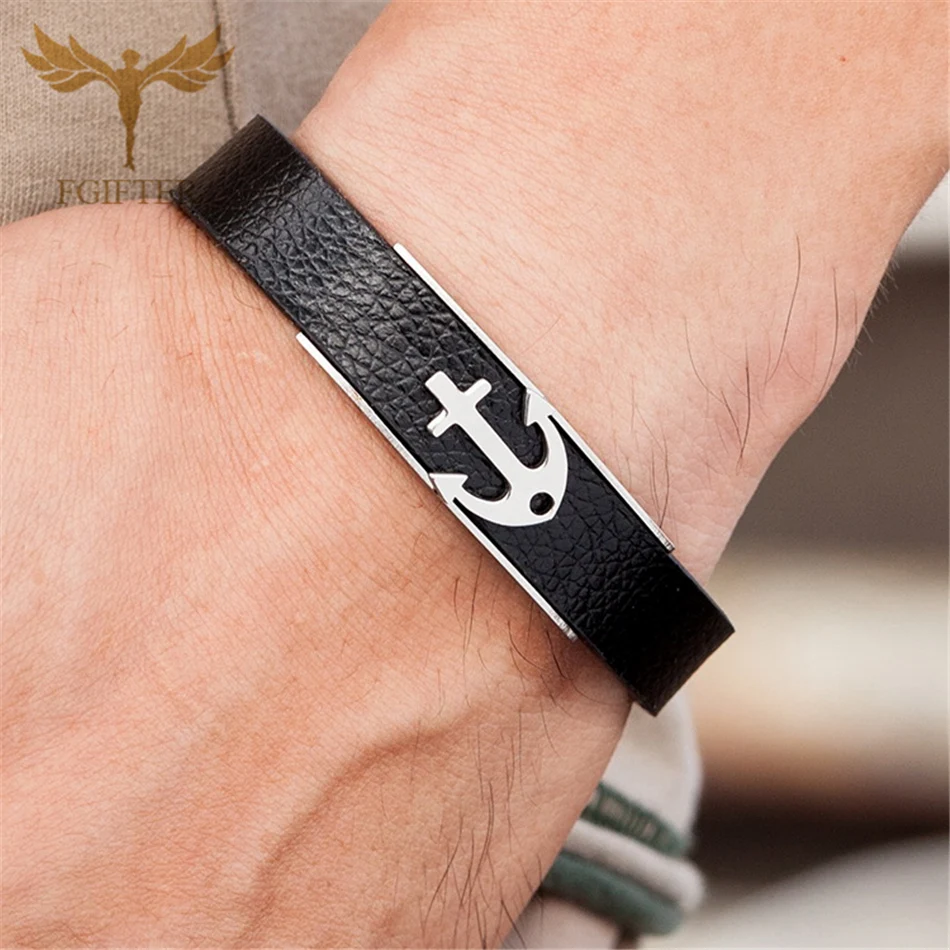 New Arrival Stainless Steel Anchor Bracelets Shackles Black Leather Bracelet Men Sport Wristband Fashion Jewelry