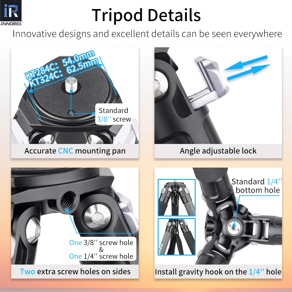 KT284C/324C 10 Layers Carbon Fiber Tripod for DSLR Camera Professional Heavy Duty Stand Low Gravity Ballhead Short Center Column