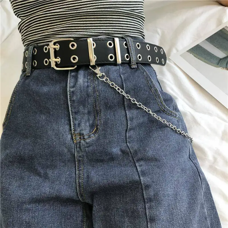 y2k accessories goth lady belt pu leather women waiststrap punk fashion waistband with holes