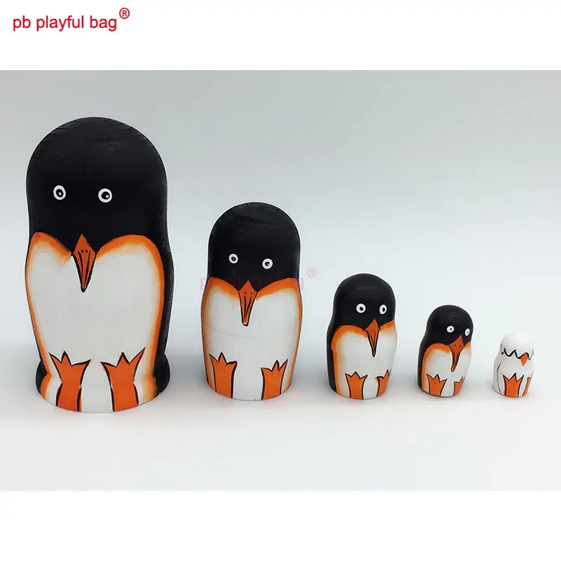 PB Playful bag-Conjunto de juguetes de madera para niños, juguete de cinco capas con diseño de pingüino, muñecos rusos, manualidades, decoraciones para regalo del Día de San Valentín, HG35