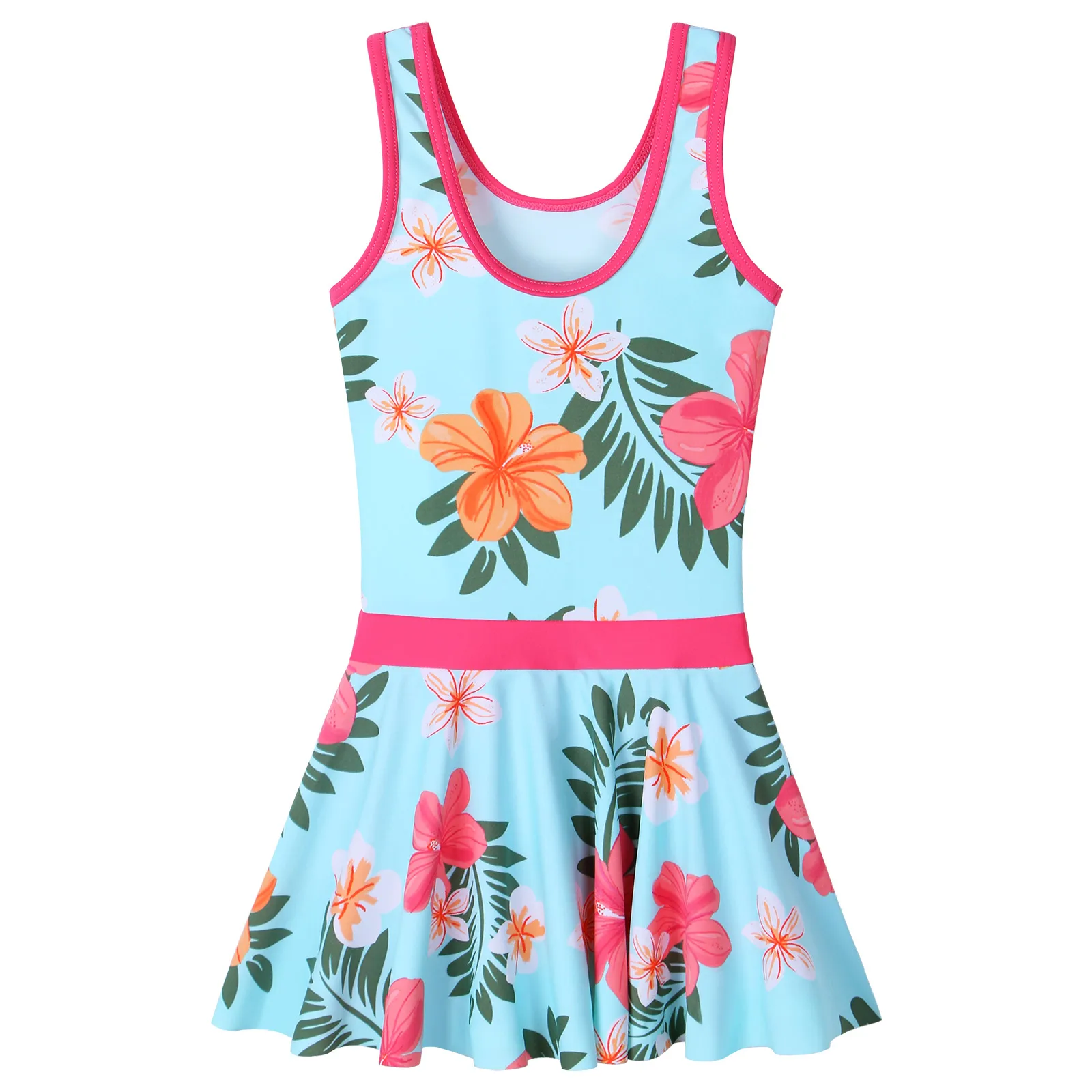 BAOHULU Girls Summer Swimsuit Kids Sleeveless Water Sport Clothes Children Cyan Flower Print Rashguard Bathing Suit New Arrive