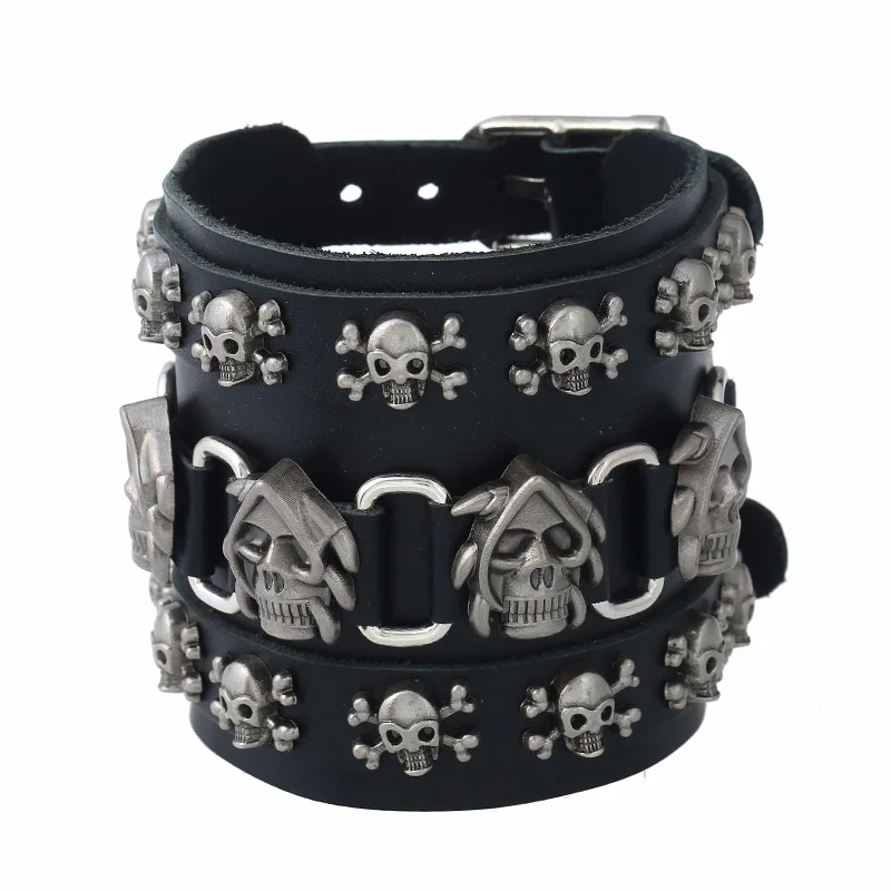 

Punk Style Skull Men Wide Bracelets Genuine Leather Gothic Cool Rock Bangles Cowhide Wristband Alloy Accessories Jewelry Gift