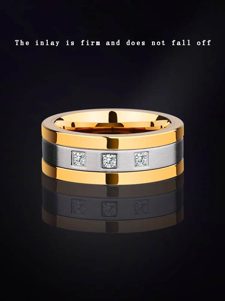 8mm Tungsten Rings for Men Gold Plating Wedding Bands 3 CZ Stone Marriage, Customized - Image 3