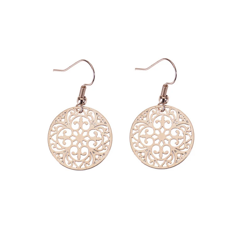New Fashion Jewelry Women\' Daily Life Gifts Circular Carved Metal Plate Hollowed Out Rose Gold Plated Court Retro Style Earrings