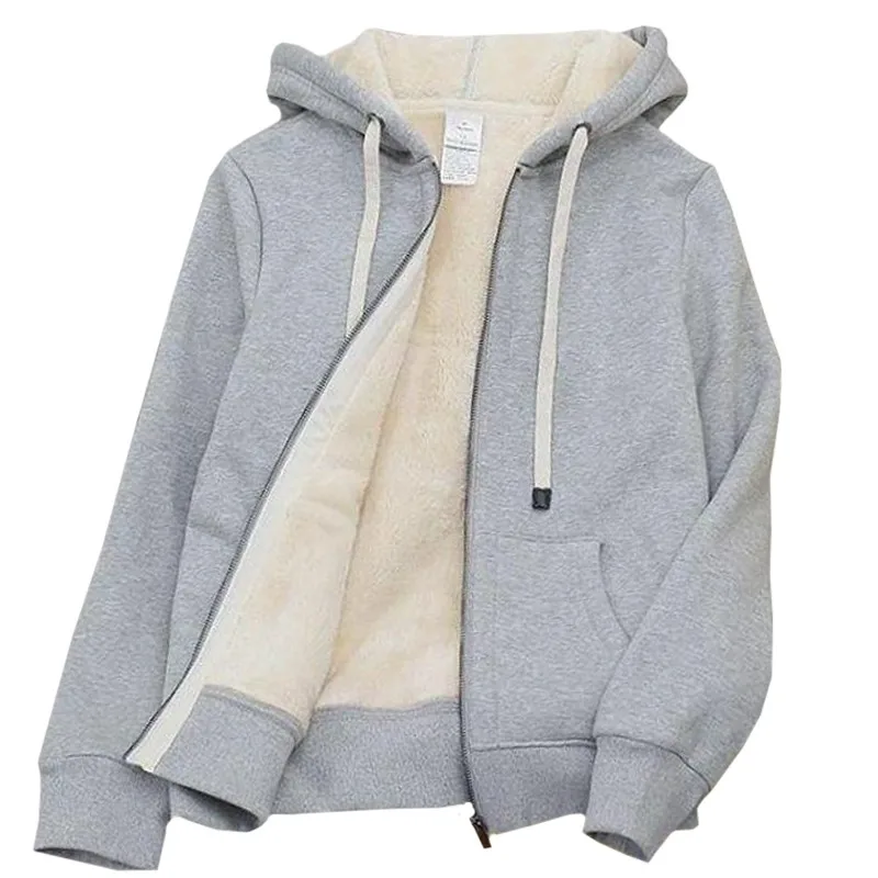 High Street Cotton Plus Velvet Extremely Cold Winter Women Hoodie Commute Sweatshirt Solid Harajuku Zipper Pullover Grey Female