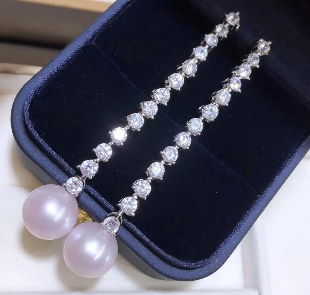 D804 Pearl Earrings Fine Jewelry 925 Sterling Silver Round 10-11mm Nature Fresh Water White Pearls Drop Dangle Earrings Women