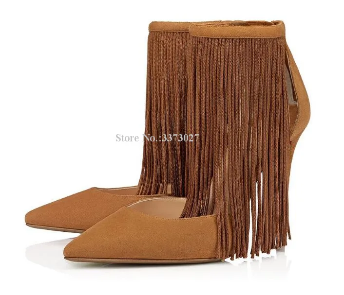 Lady New Tassel Pumps Shoes Women Sexy Brown Black Suede Fringe Stiletto Heel Single Shoes Fashion Large Size Dress High Heels