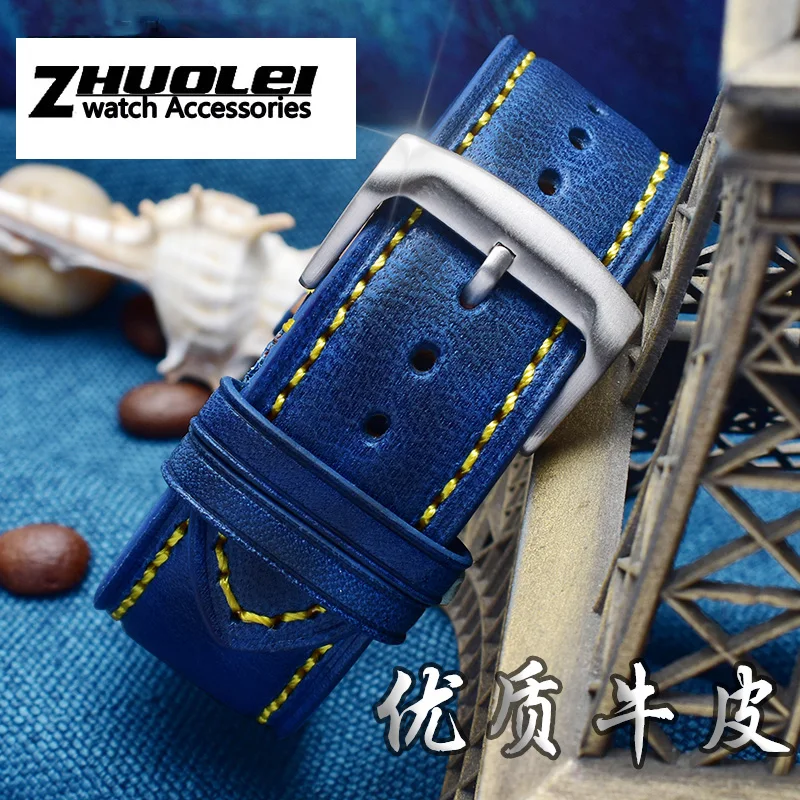 For Substitute Citizen AT8020 JY8078 wristband genuine leather strap 23mm blue Watch Band with folding buckle bracelet