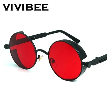 VIVIBEE Vintage Steampunk rouge lunettes de soleil hommes rond Punk alliage métal rétro lunettes de soleil femmes 2025 lunettes Style gothique nuances
